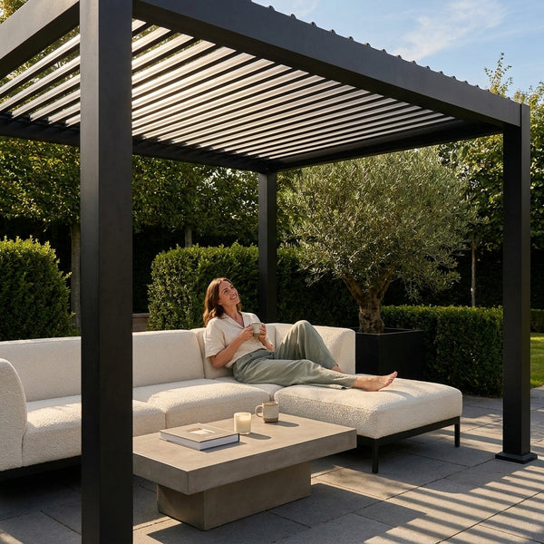 Aluminum Pergola Engineered for All-Weather Durability, Adjustable Louvers, Matte Black Powder Coat, Resort Style